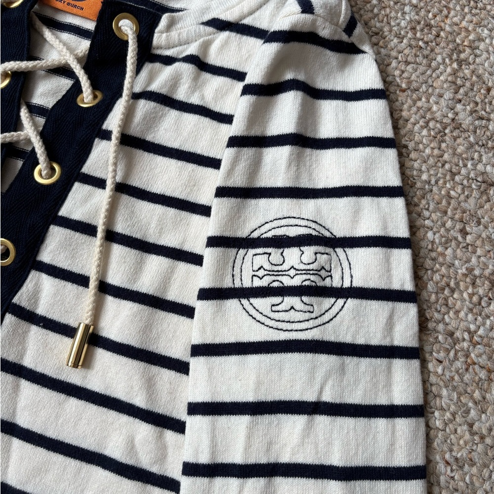 Tory Burch Navy & White Striped Lace-Up Top 3/4 sleeves, nautical sailor, Size S - Picture 4 of 11